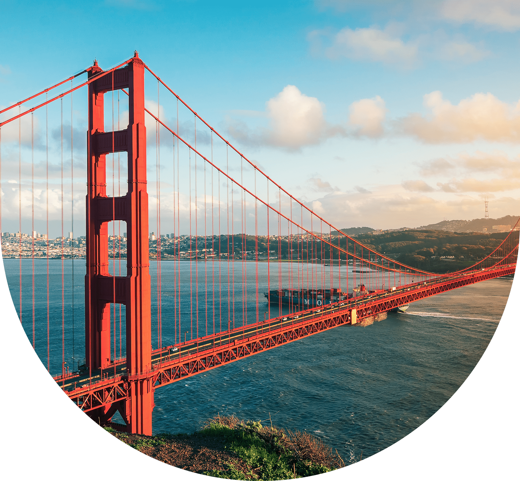 Golden Gate Bridge under a partly cloudy sky.