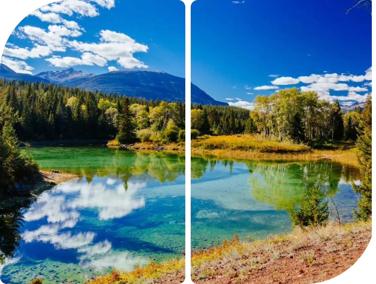 A serene lake reflecting clouds and trees under a blue sky.